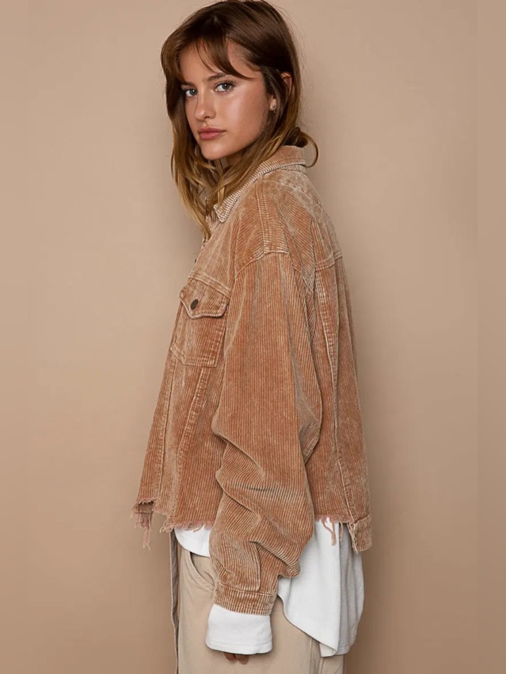 POL Clothing Love You a Latte Jacket - Cozy Corduroy Trucker Style in Teddy Bear - Picture 5 of 7